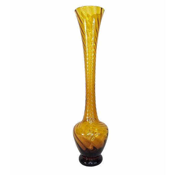 None and/or Unknown Other - Spiral Amber Glass Bud Vase Hand Blown Fluted Trumpet Single Stem 11"